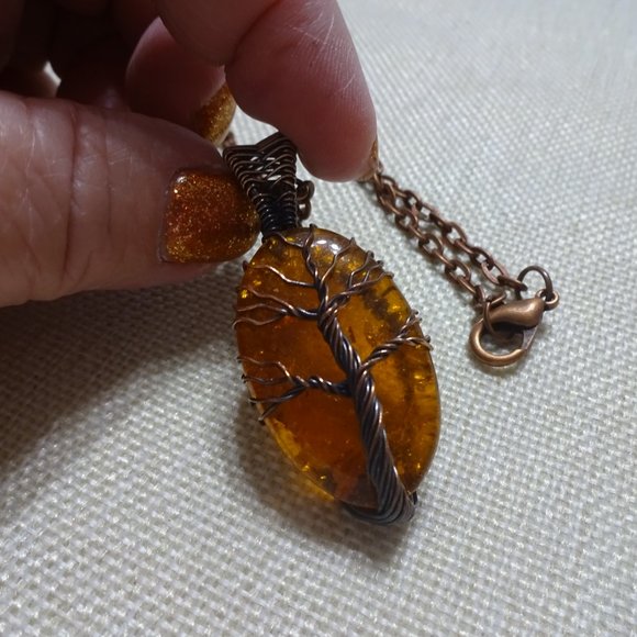 Rustic "AMBER" Handmade COPPER WIRE-WRAPPED TREE Pendant/Chain #705B - Picture 2 of 4